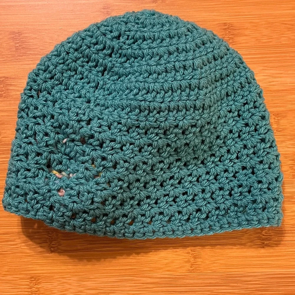 Handcrafted Teal Crochet Beanie with Multicolor Flower